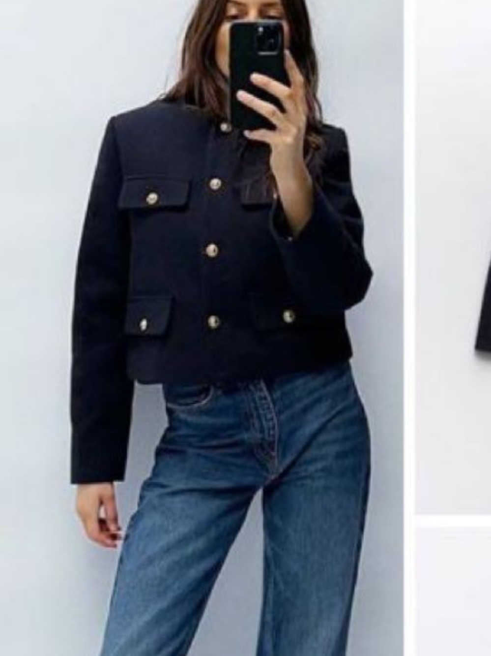 Zara Navy Cropped Military-Style Blazer with Gold Buttons | S